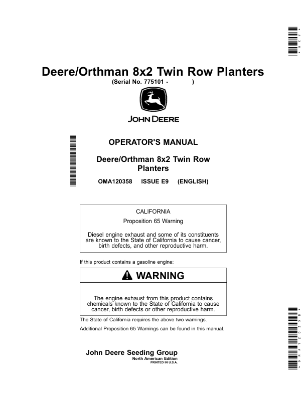 John Deere DR8T Deere/Orthman 8×2 Twin Row Planters Operator’s Manual (OMA120358) Workshop Guide