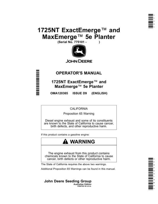 John Deere 1725NT ExactEmerge, 1725NT MaxEmerge 5e Planters (775101-790100) (Australia) Operator’s Manual (OMA120365) Workshop Guide