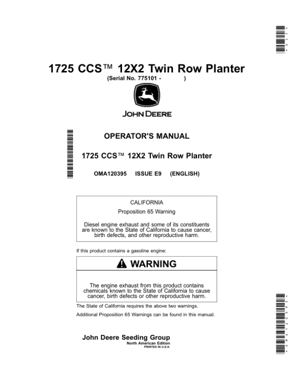 John Deere 1725 CCS 12X2 Twin Row Planter Operator’s Manual (OMA120395) Workshop Guide