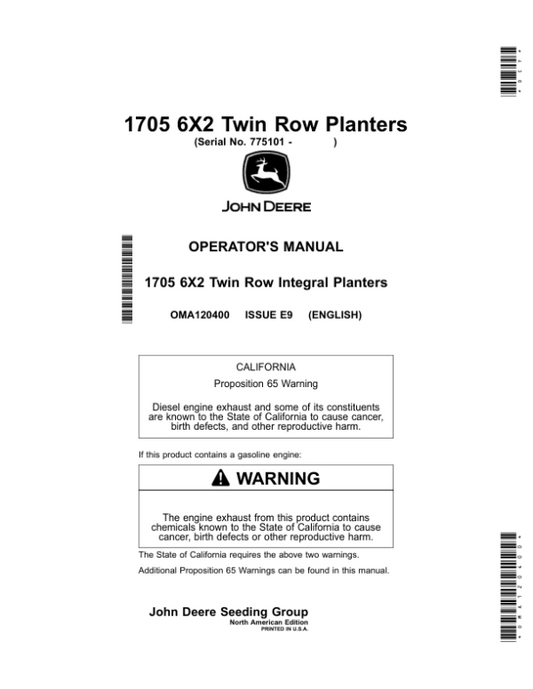 John Deere 1705 6X2 Twin Row Planters Operator’s Manual (OMA120400) Workshop Guide