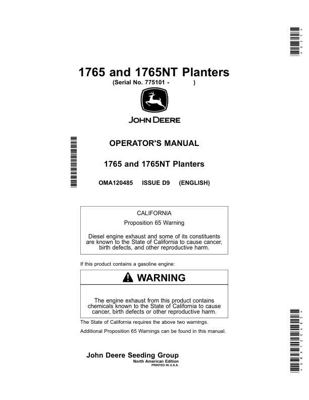 John Deere 1765 & 1765NT Planters Operator’s Manual (OMA120485) Workshop Guide
