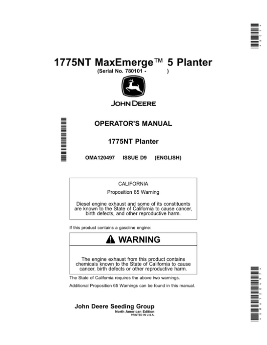 John Deere 1775NT MaxEmerge 5 (Non CCS) Planters (780100-790100) (North American) Operator’s Manual (OMA120497) Workshop Guide