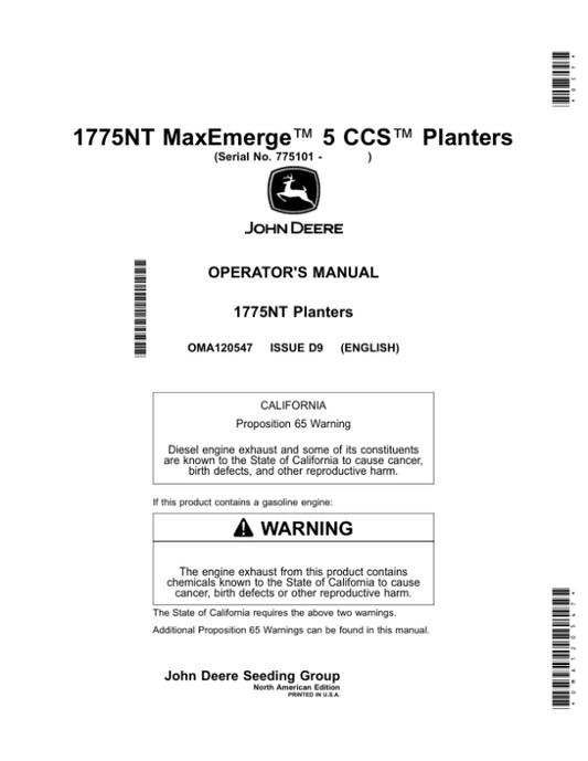 John Deere 1775NT MaxEmerge 5 CCS Planters (775101-790100) (North American) Operator’s Manual (OMA120547) Workshop Guide