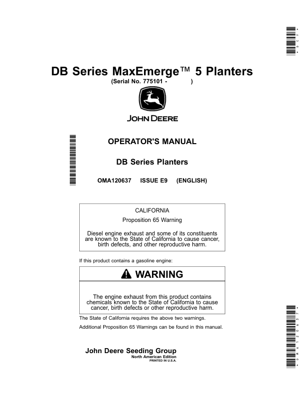 John Deere DB44, DB60, DB66, DB80, DB88, DB90 & DB120 MaxEmerge 5 Planters Operator’s Manual (OMA120637) Workshop Guide