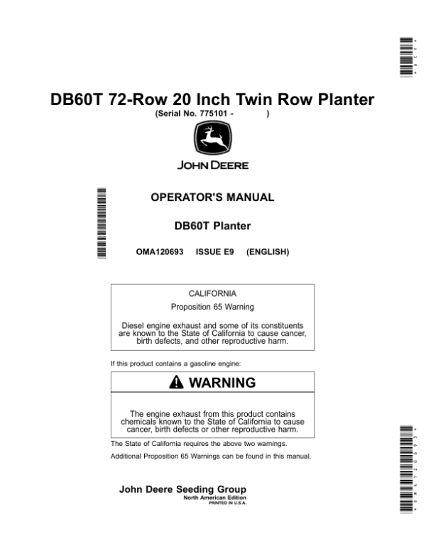 John Deere DB60T 72-Row 20 Inch Twin Row Planter Operator’s Manual (OMA120693) Workshop Guide