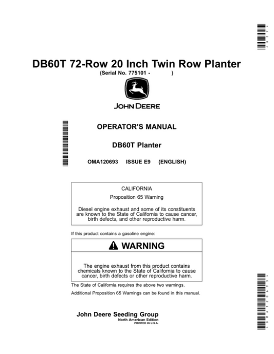 John Deere DB60T 72-Row 20 Inch Twin Row Planter Operator’s Manual (OMA120693) Workshop Guide