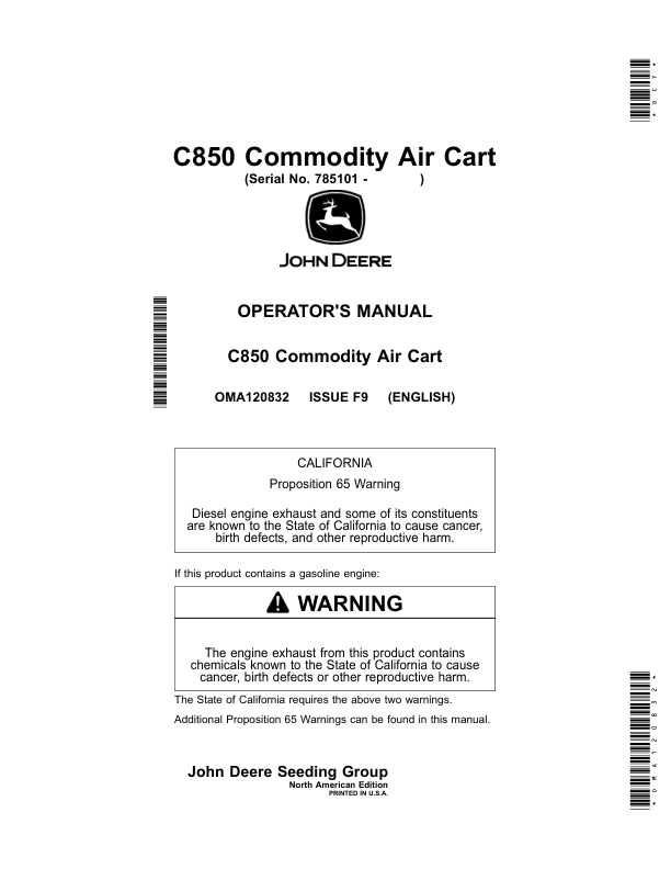 John Deere C850 Commodity Air Cart Operator’s Manual (OMA120832) Workshop Guide