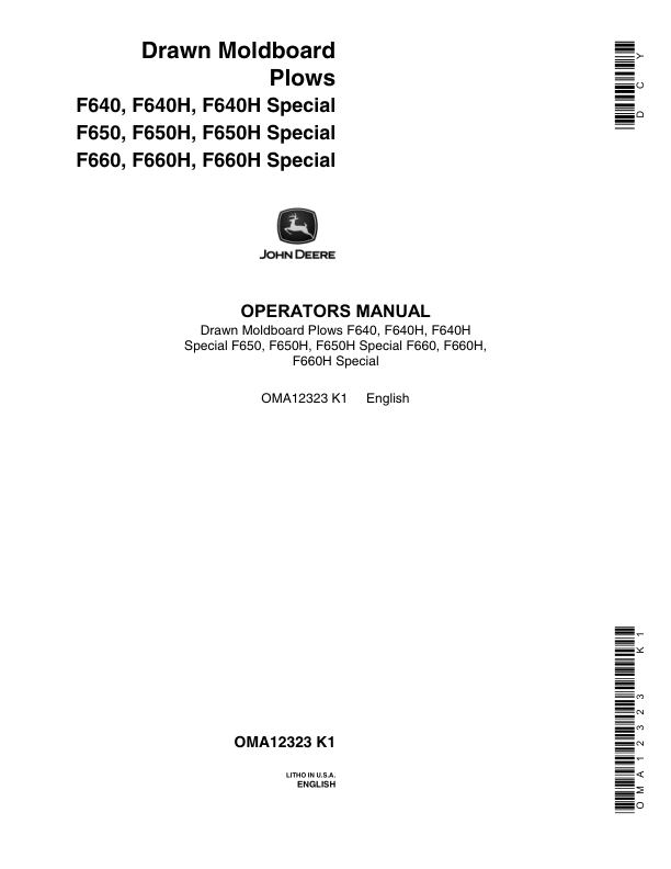 John Deere F610, F640, F640H, F650, F650H, F660, F660H Drawn Moldboard Plow Operator’s Manual (OMA12323) Workshop Guide