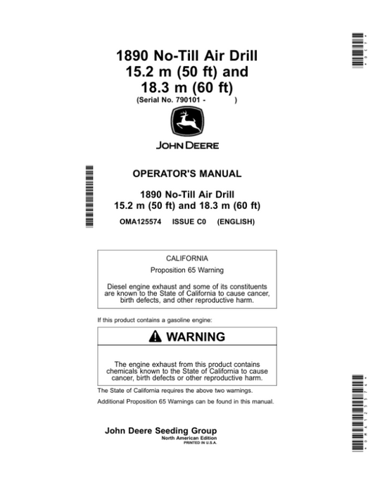 John Deere 1890 No-Till Air Drill 15.2 m (50 ft), 18.3 m (60 ft) Operator’s Manual (OMA125574) Workshop Guide