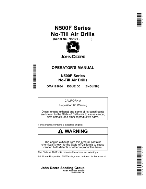 John Deere N530F, N540F, N543F (N500F Series No-Till Air Drills) Operator’s Manual (OMA125634) Workshop Guide