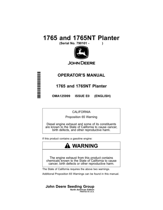 John Deere 1765, 1765NT Planters (790101-) Operator’s Manual (OMA125999) Workshop Guide