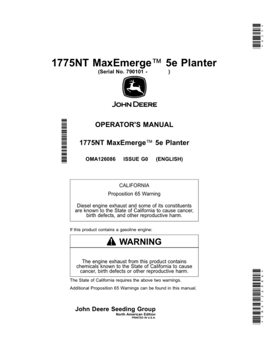 John Deere 1775NT MaxEmerge 5e Planter (Non CCS) (790101-794100) (North American) Operator’s Manual (OMA126086) Workshop Guide