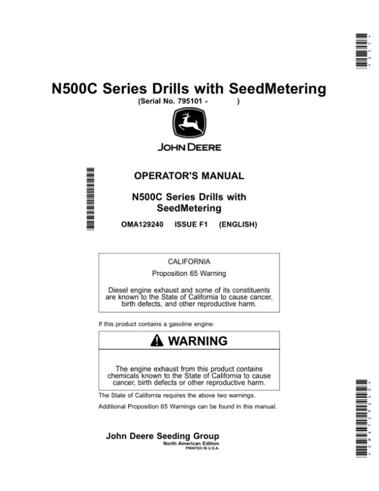 John Deere N530C, N536C, N540C, N542C (N500C Series) Drills with SeedMetering (795101-) (North American) Operator’s Manual (OMA129240) Workshop Guide