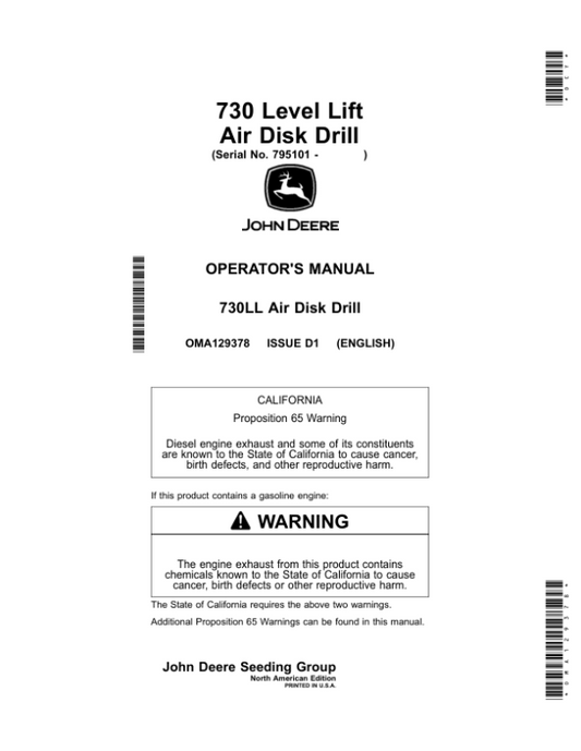 John Deere 730 Level Lift Air Disk Drill (795101-) (North America) Operator’s Manual (OMA129378) Workshop Guide