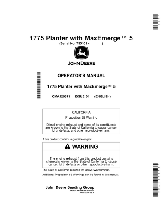 John Deere 1775 Planter with MaxEmerge 5 (795101-) (North America) Operator’s Manual (OMA129873) Workshop Guide