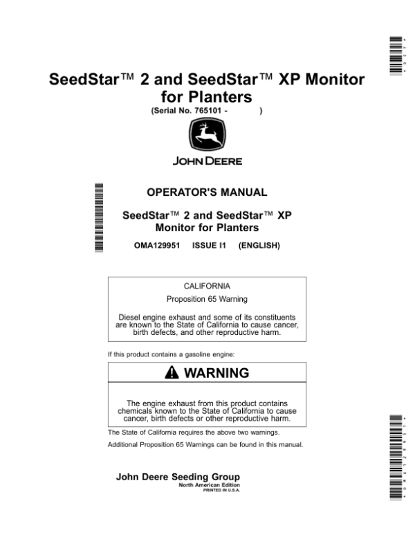 John Deere SeedStar 2, SeedStar XP Monitor for Planters (765101-) (North American) Operator’s Manual (OMA129951) Workshop Guide