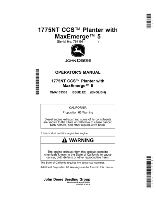 John Deere 1775NT CCS Planter with MaxEmerge 5 (794101-) (North American) Operator’s Manual (OMA133308) Workshop Guide