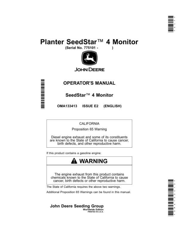 John Deere Planter SeedStar 4 Monitor (Worldwide Edition) Operator’s Manual (OMA133413) Workshop Guide