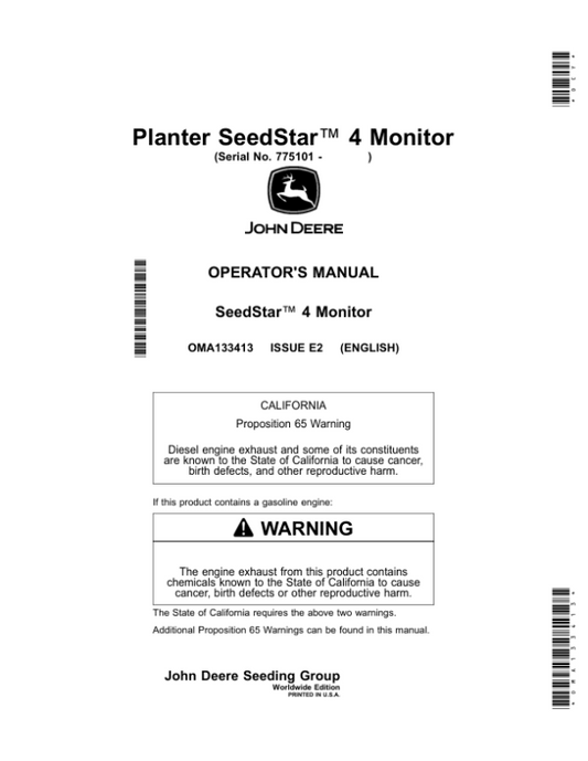 John Deere Planter SeedStar 4 Monitor (Worldwide Edition) Operator’s Manual (OMA133413) Workshop Guide