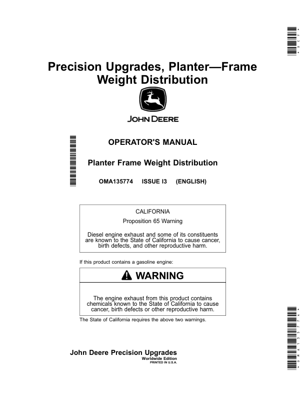 John Deere Planter Frame Weight Distribution (Worldwide Edition) Operator’s Manual (OMA135774) Workshop Guide