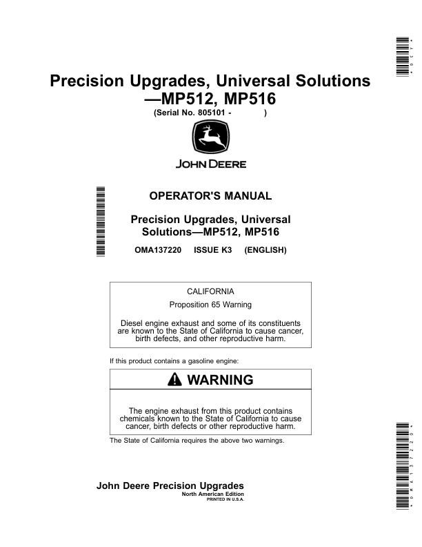 John Deere Precision Upgrades, Universal Solutions – MP512, MP516 (805101-) Operator’s Manual (OMA137220) Workshop Guide
