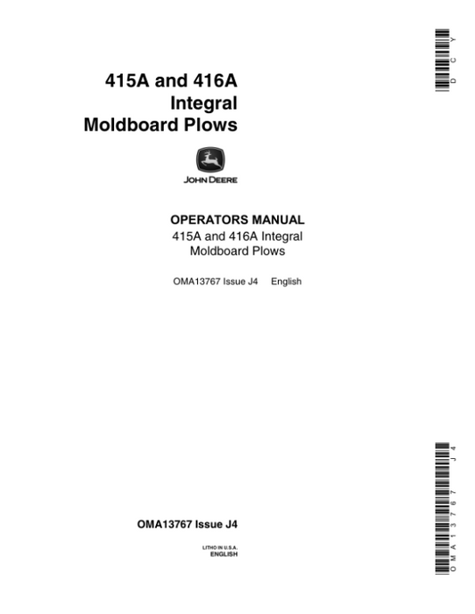 John Deere 415A, 416A Integral Moldboard Plows Operator’s Manual (OMA13767) Workshop Guide