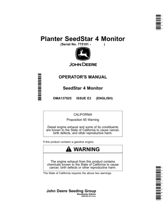 John Deere Planter SeedStar 4 Monitor (Worldwide Edition) Operator’s Manual (OMA137925) Workshop Guide