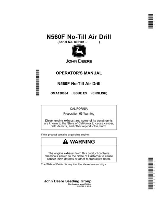 John Deere N560F No-Till Air Drill (805101-810100) (North American) Operator’s Manual (OMA138084) Workshop Guide