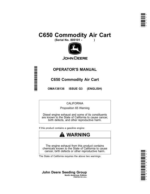 John Deere C650 Commodity Air Cart (805101-) (North American) Operator’s Manual (OMA138136) Workshop Guide