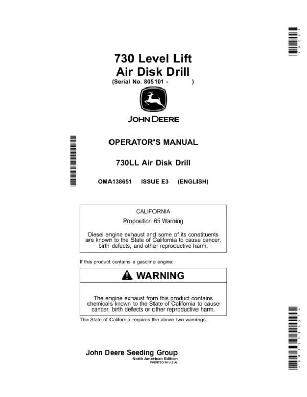 John Deere 730 Level LiftAir Disk Drill (805101-) (North American) Operator’s Manual (OMA138651) Workshop Guide