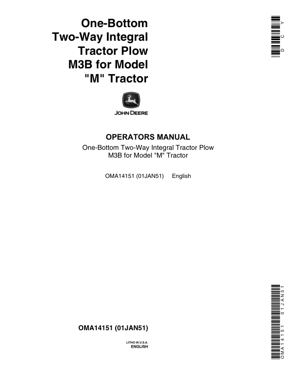 John Deere One-Bottom 2 Way Integral Tractor Plow M3B Operator’s Manual (OMA14151) Workshop Guide