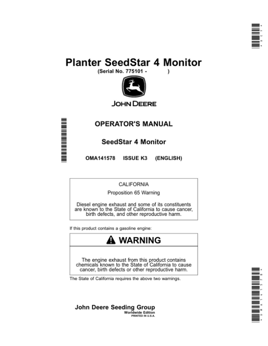 John Deere Planter SeedStar 4 Monitor (775101-) (Worldwide Edition) Operator’s Manual (OMA141578) Workshop Guide
