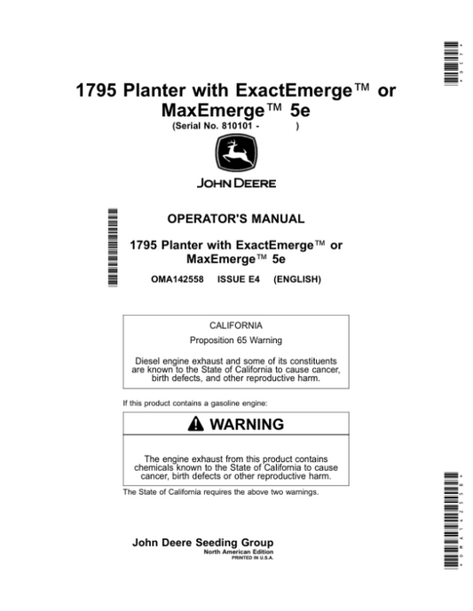 John Deere 1795 Planter with ExactEmerge or MaxEmerge 5e (810101-) (North American) Operator’s Manual (OMA142558) Workshop Guide