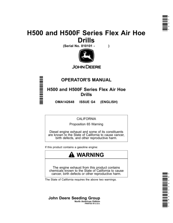 John Deere H500, H500F Series Flex Air Hoe Drills (810101-) (North American) Operator’s Manual (OMA142648) Workshop Guide
