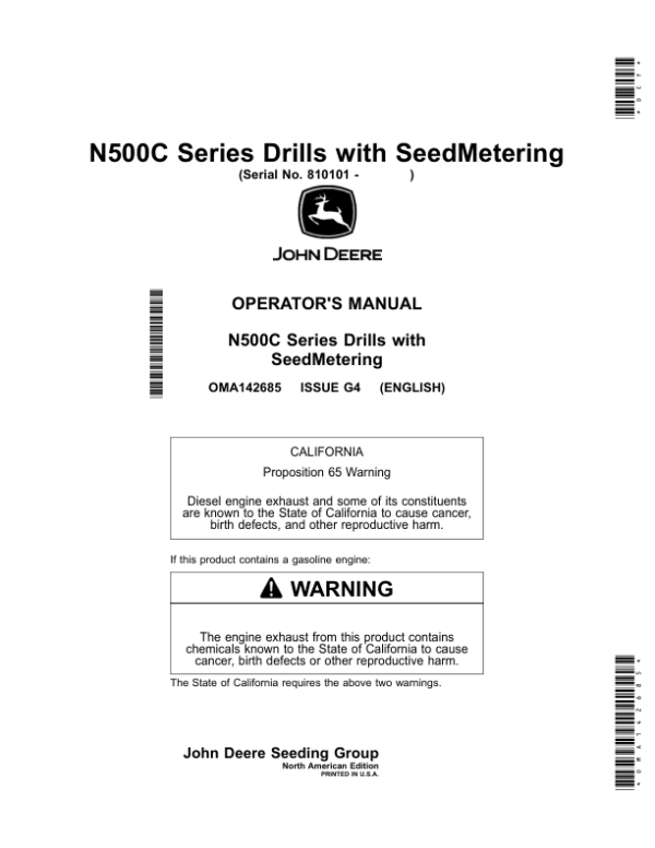 John Deere N500C Series Drills with SeedMetering (810101-) (North American) Operator’s Manual (OMA142685) Workshop Guide
