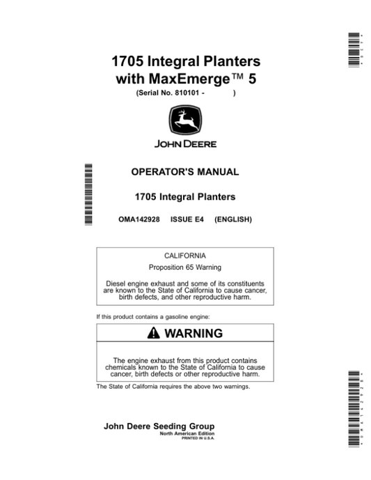 John Deere 1705, 1735 Integral Planters with MaxEmerge 5 (801101-) (North American) Operator’s Manual (OMA142928) Workshop Guide