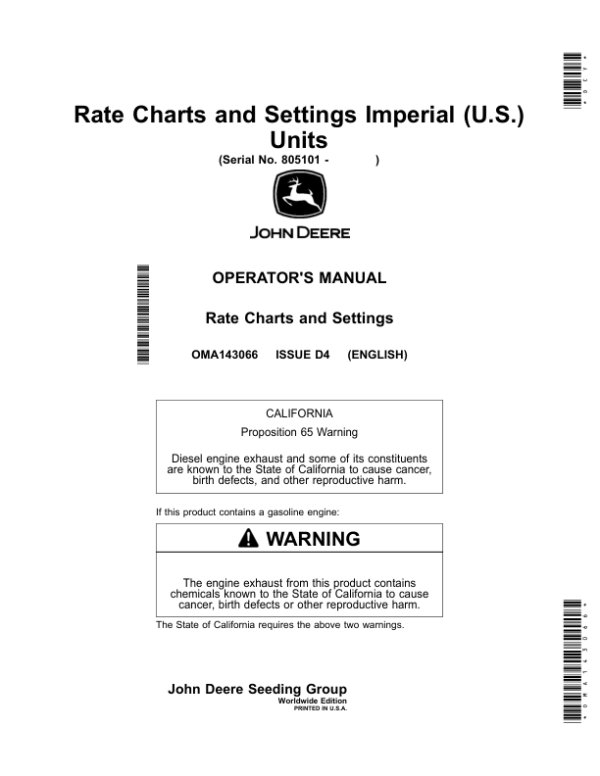 John Deere Rate Charts, Settings Imperial (U.S.) Units (810101-) (Worldwide Edition) Operator’s Manual (OMA143066) Workshop Guide