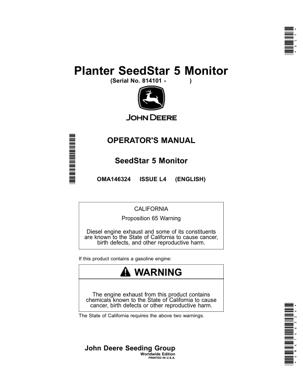 John Deere Planter SeedStar 5 Monitor (Serial No. 814101-) Operator’s Manual (OMA146324) Workshop Guide