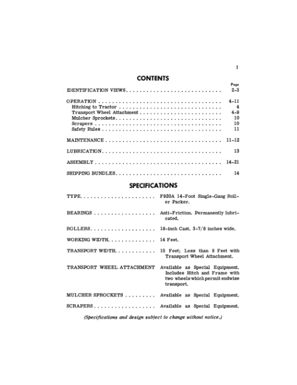 John Deere F920A Roller Packer Operator’s Manual (OMA14826) Workshop Guide
