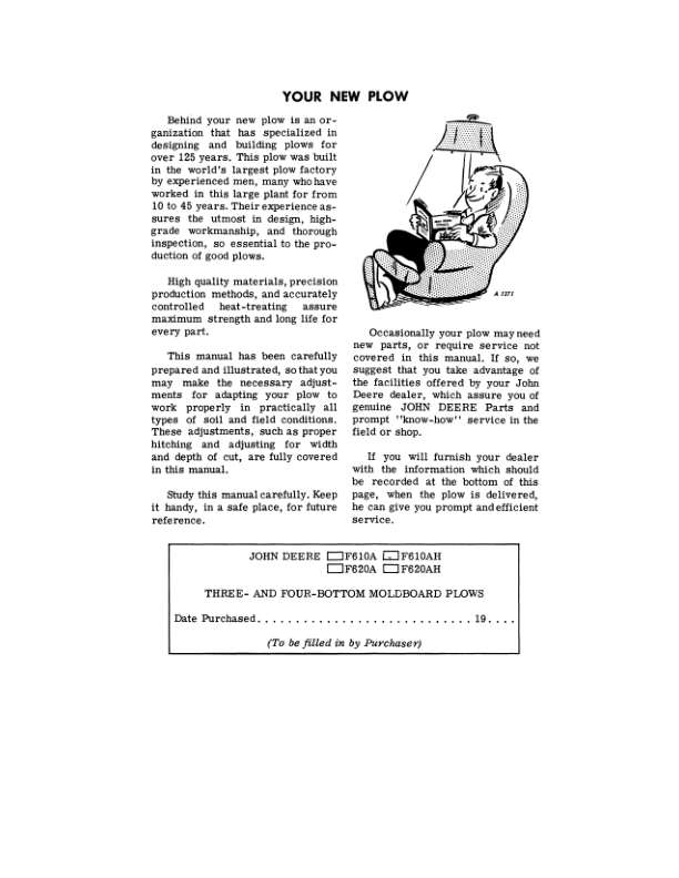 John Deere F610A, F610AH, F620A, F620AH Drawn Moldboard Plows Operator’s Manual (OMA15742) Workshop Guide