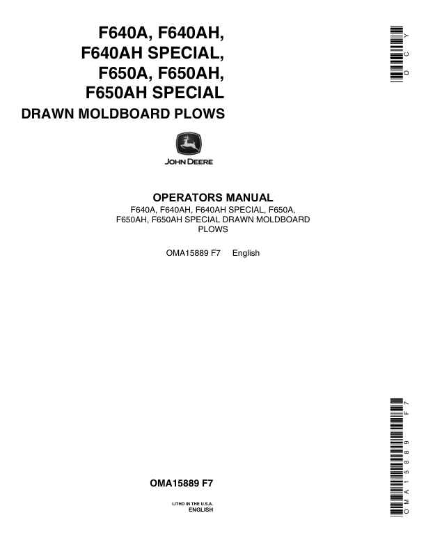 John Deere F640A, F640AH, F650A, F650AH Moldboard Plow Operator’s Manual (OMA15889) Workshop Guide
