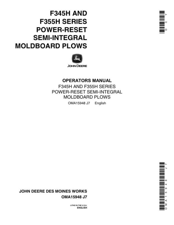 John Deere F345H, F355H Series MoldBoard Plows Operator’s Manual (OMA15948) Workshop Guide