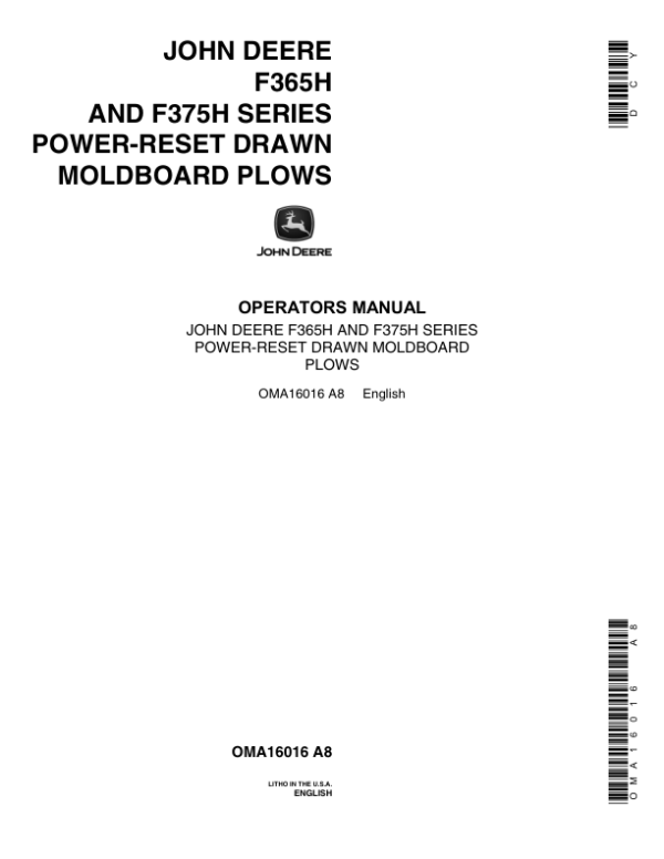 John Deere F365H, F375H Series Power-Reset Drawn Moldboard Plows Operator’s Manual (OMA16016) Workshop Guide