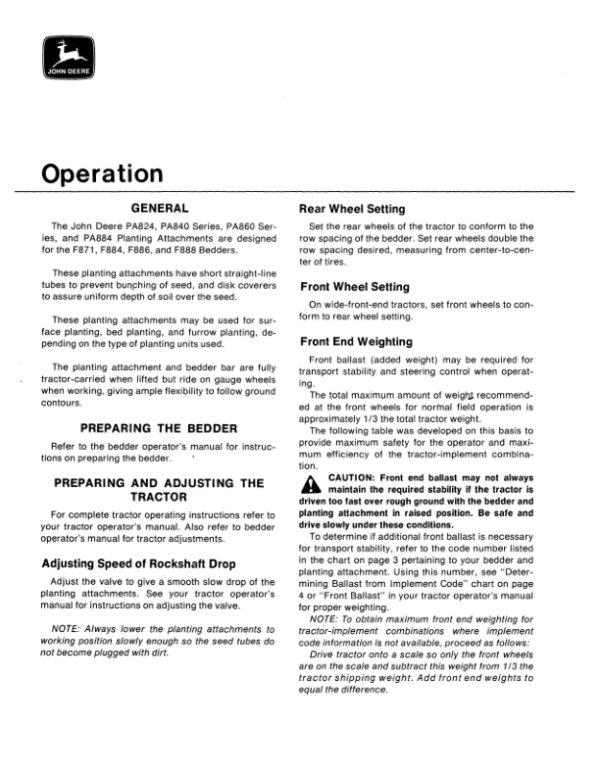 John Deere PA824, PA840 Series, PA860 Series, PA884 Planting Attachments Operator’s Manual (OMA18176) Workshop Guide