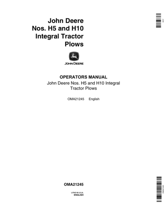 John Deere H5, H10 Integral Tractor Plows for ‘H’ Model Tractor Operator’s Manual (OMA21245) Workshop Guide