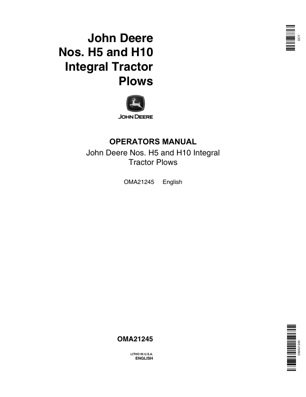 John Deere H5, H10 Integral Tractor Plows for ‘H’ Model Tractor Operator’s Manual (OMA21245) Workshop Guide