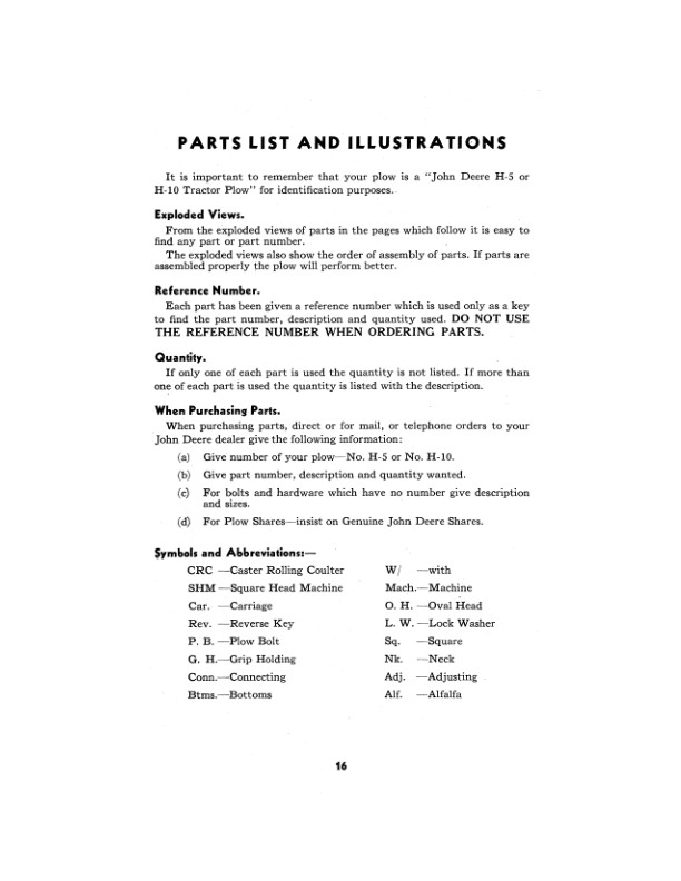John Deere H5, H10 Integral Tractor Plows for ‘H’ Model Tractor Operator’s Manual (OMA21245) Workshop Guide