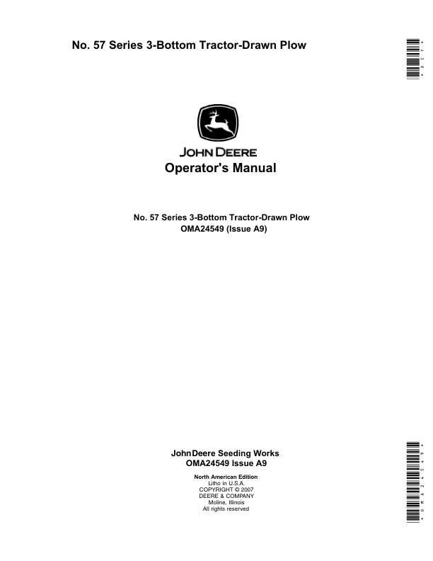 John Deere No.57 Series 3-Bottom Tractor – Drawn Plow (57, 57G, 57H, 57GH Plows) Operator’s Manual (OMA24549) Workshop Guide