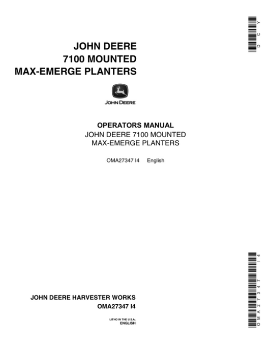 John Deere 7100 Mounted MaxEmerge Planter North America (Up to 1974) Operator’s Manual (OMA27347) Workshop Guide