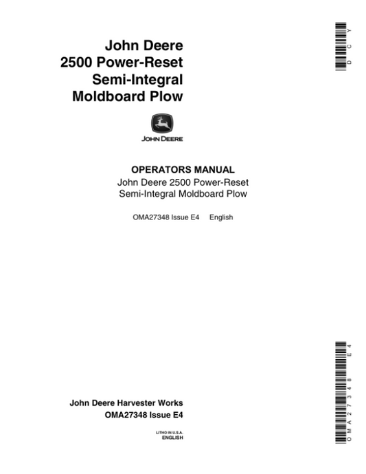 John Deere 2500 Power-Reset Semi-Integral Moldboard Plow Operator’s Manual (OMA27348) Workshop Guide